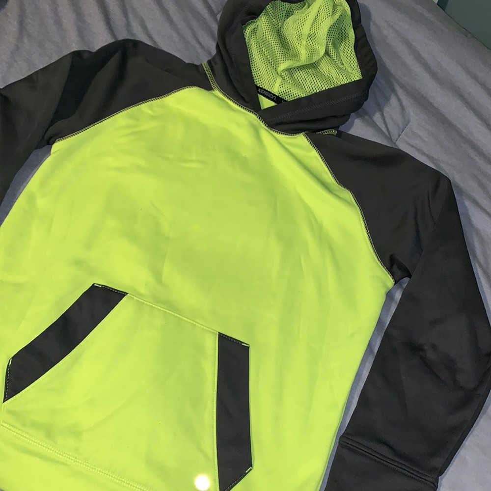 Hooded sweatshirt. Bright lime green and gray.